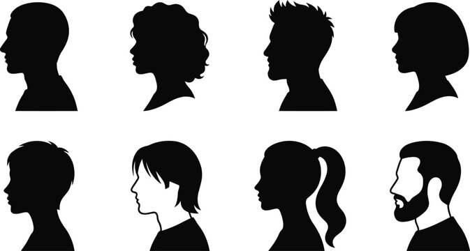 Black silhouette profiles of four women facing different directions woman head