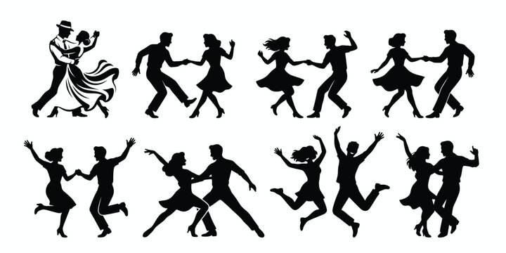 PrintDancing couples silhouette vector set, retro dance partners illustration