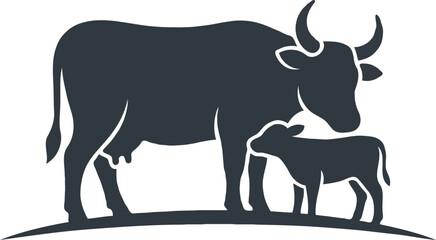 Minimalist silhouette graphic of a mother cow with her baby calf standing on a curved horizon © MstRina