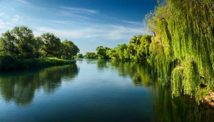 Fototapeta premium Serene River With Weeping Willow Trees On Bank
