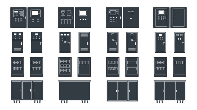Vector collection of industrial electrical cabinets, power distribution boards, and circuit breaker panel icons for technical design