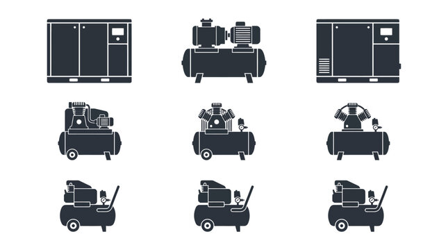 Industrial air compressor silhouettes collection featuring rotary screw and portable piston models for pneumatic power and workshop machinery equipment sets
