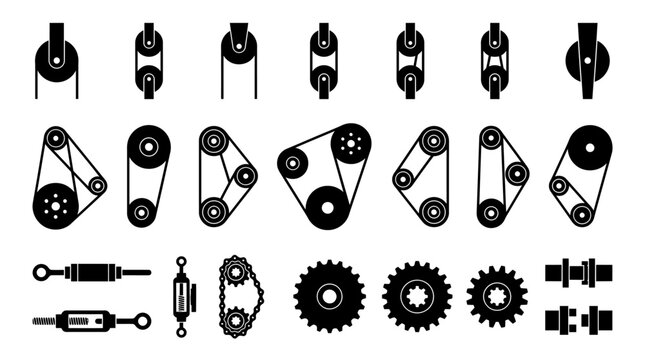 Vector set of mechanical engineering components including pulleys, belts, gears, sprockets, and shafts for industrial machinery design