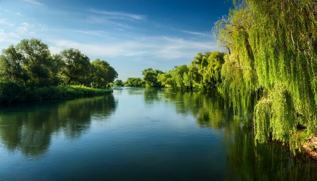Serene River With Weeping Willow Trees On Bank