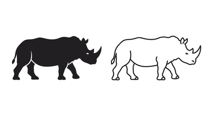 Rhino depictions in contrasting styles including a solid black silhouette rhinoceros african wildlife animal mammal fauna line art © Singdha