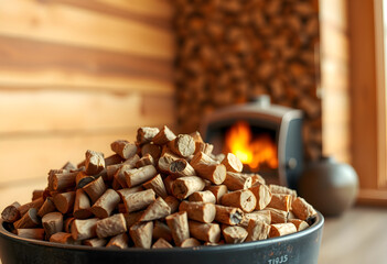 Obraz premium Pile of firewood logs near burning stove in wooden cabin