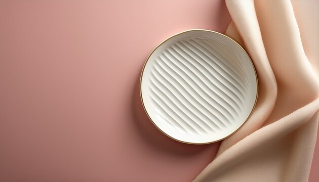 Refined White Ceramic Plate With Scalloped Edge Elegant Dining Accessory Pastel Toned Composition Pastel Background Top View Copy Space Close Up