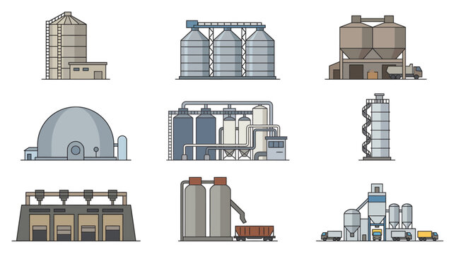 Set of industrial grain storage silo facility icons depicting agriculture storage infrastructure and bulk manufacturing processing buildings