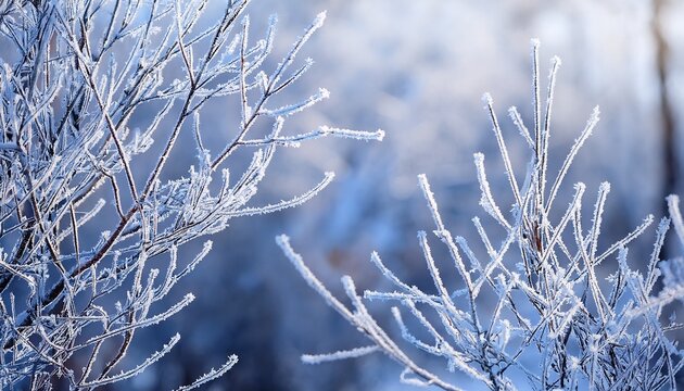 Winter Background Tree Branches Covered With Hoarfrost Wintery Twigs Abstract