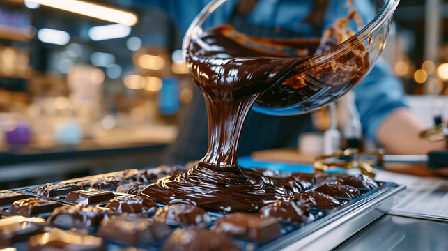 Artisan chocolate maker carefully pours tempered couverture into polycarbonate bonbon molds at a confectionery production bench, airbrush cocoa butter tools and flavor infusion pipettes arranged bes