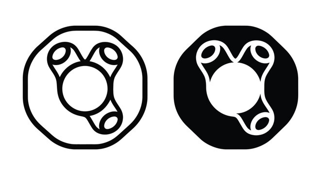 Abstract geometric logo icon, a central circle connected to three tubular branches, minimalist vector symbol design, black and white variations
