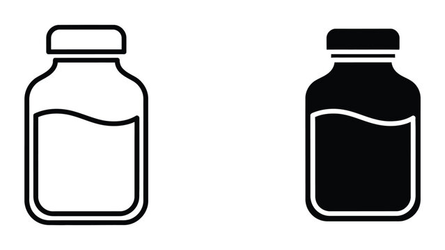 Professional Minimal Vector Icon Medicine bottle icon set with liquid content in flat vector design Editable Stroke, Outline and Solid Style, Black Monochrome, Isolated on White Background