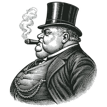 Vintage vector engraving illustration of a wealthy fat man in a top hat smoking a cigar. Retro monochrome capitalist or banker portrait.