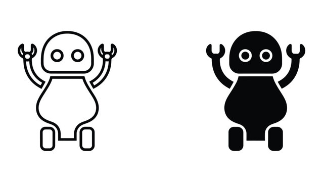 Professional Minimal Vector Icon Friendly small robot character icon set in two graphic styles Editable Stroke, Outline and Solid Style, Black Monochrome, Isolated on White Background