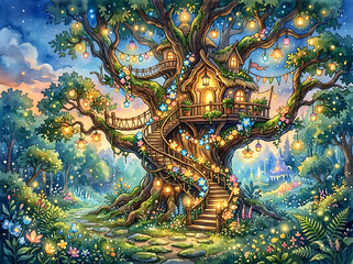 Obraz premium Magical treehouse village nestled in ancient oak tree at twilight with glowing lanterns and colorful flower garlands in forest.
