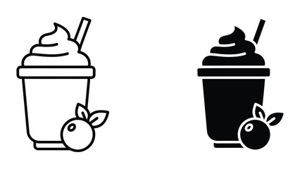 Professional Minimal Vector Icon Milkshake cup with berry and straw icon set for menu design Editable Stroke, Outline and Solid Style, Black Monochrome, Isolated on White Background © FirujaStock