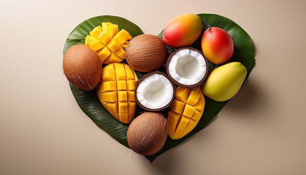 Heart Shaped Arrangement Of Tropical Fruits Including Coconut And Mango Artfully Displayed On A Neutral Background