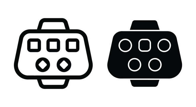 Vector icon of a game controller or remote control device with buttons, flat design style, simple outline and solid silhouette versions for ui design