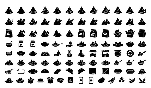 Samosa Flat Black Icons Set Traditional Indian Snack Food Vector Collection