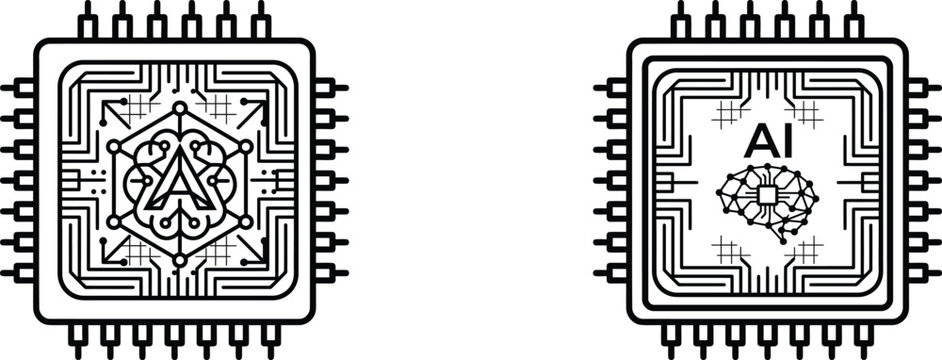 Artificial intelligence microchip logo elements set featuring linear computer processors, neural networks, and digital brains vector illustration representing modern AI technology concepts.