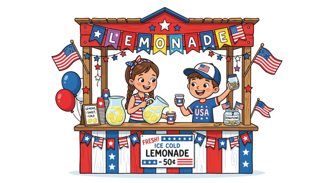 Two children running patriotic lemonade stand with American flags for Fourth of July celebration