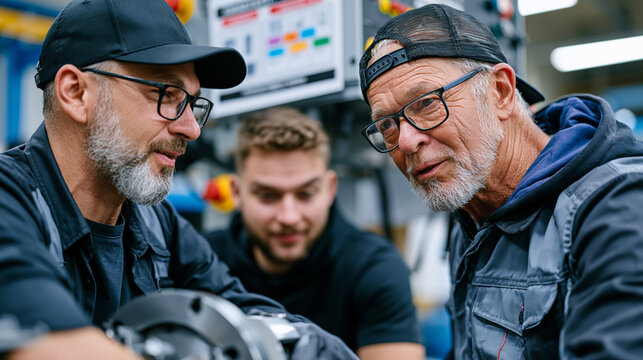 Elderly machinist instructor demonstrates precision surface grinding technique to a manufacturing apprentice at a technical college workshop, training competency checklist and industry certification