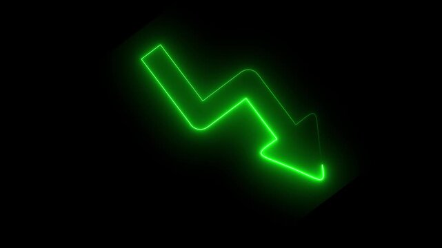 Neon green glowing zigzag arrow pointing down on a dark black background representing financial market loss or downward trend in business performance analysis and digital data movement concepts