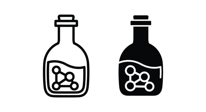 Set of chemistry bottle icons with molecular structure inside, line and solid style vector illustration