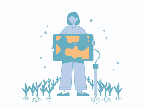 A person holds the Earth while monitoring plant growth with technology for better agriculture
