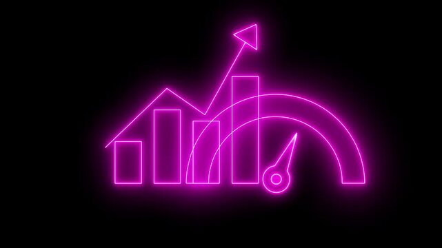 Neon pink glowing business bar chart with upward arrow and speedometer gauge showing high performance growth and financial success in a digital finance concept style on a dark black background