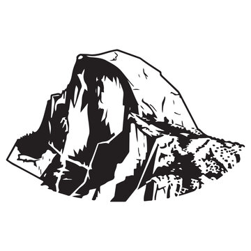 Half Dome mountain peak vector illustration in black and white stencil style for outdoor adventure and travel branding