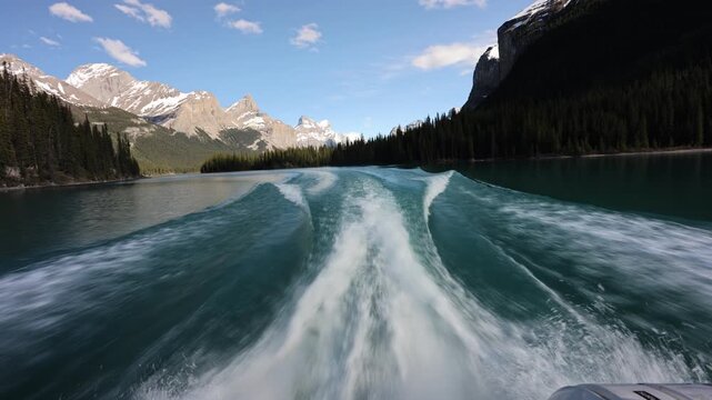 Boat Ride on Maligne Lake with Mountain Backdrop, Jasper National Park, Canada
