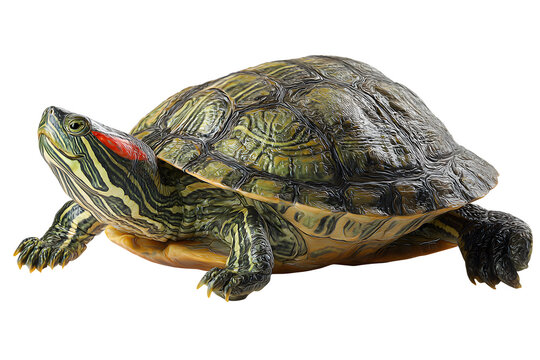 Detailed red eared slider turtle with textured shell and vibrant markings shown on transparent background
