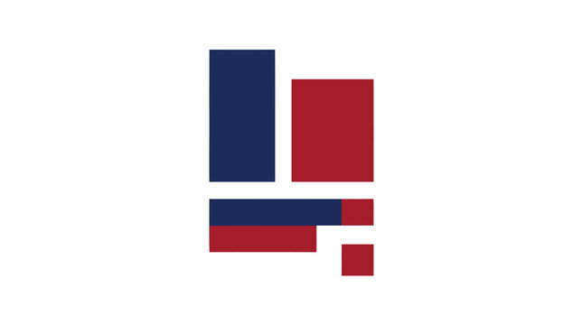 Geometric logo design with stacked rectangular blocks in navy blue and deep red colors isolated