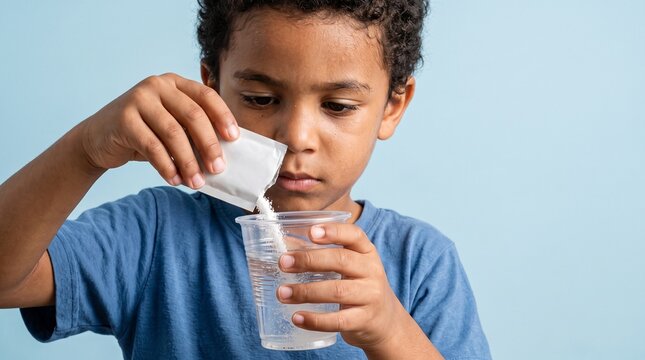 Child Preparing Oral Rehydration Solution for Dehydration Treatment