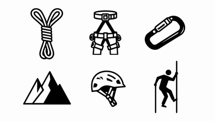 Climbing Gear Icons: Rope, Harness, Carabiner, Mountain, Helmet, Climber © Eka