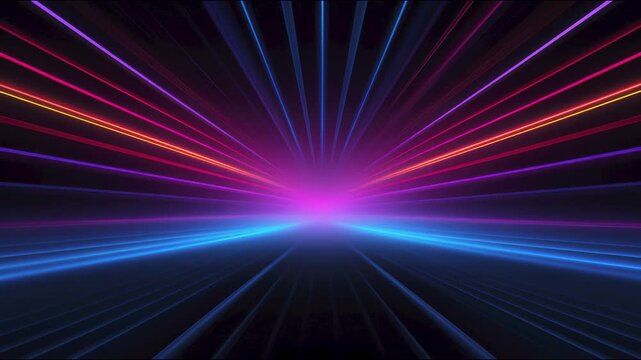 Neon light rays converging toward horizon retro synthwave dark background seamless loop digital animation 4k motion background for copy space