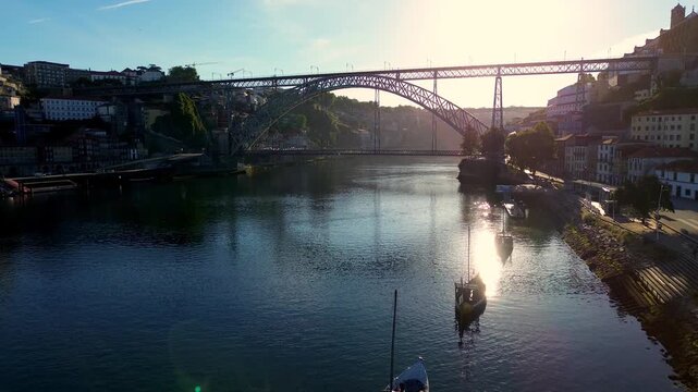 Dom Luis I Bridge over Douro River in Porto, Portugal on a Sunny Day V