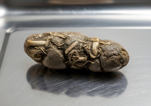 Ancient fossilized coprolite specimen with organic remains, isolated on transparent background for scientific and geological study.