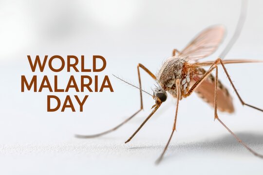 Realistic mosquito insect depicted beside bold text reading World Malaria Day, highlighting the significance of malaria awareness and prevention efforts in public health