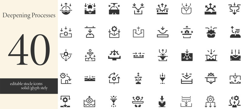 Deepening Processes.Pipe Cutting Icons. Outline icon set of pipe cutting process steps: measure and mark pipe, align cutter wheel, tighten adjustment.