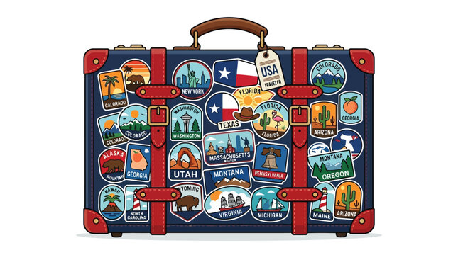 Vintage travel suitcase covered with stickers from various American states
