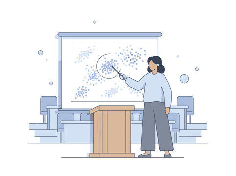 A woman presenting her data analysis with scatter plot while teaching in a classroom setting