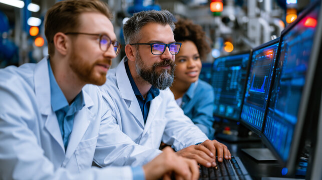 Multicultural team of young manufacturing engineers reviews quality data on a shared touchscreen terminal at an active production cell, depicting inclusive STEM workplace culture, data-driven manufa