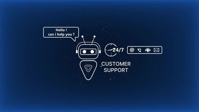 Customer support robot chatbot with speech bubble and 24/7 availability symbols on dark blue background with white outlines