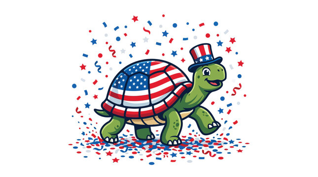 Happy cartoon turtle wearing top hat with American flag shell surrounded by confetti