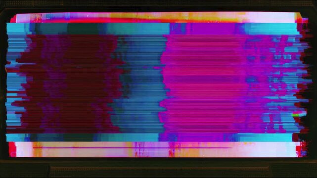 Glitchy horizontal color bars shifting across retro monitor triptych seamless loop stop motion drawn digital animation for background