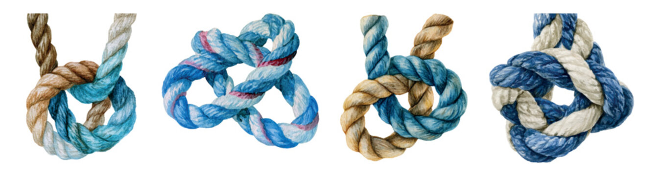 Nautical ropes forming different types of strong knots, showcasing traditional marine fastening techniques and decorative elements, representing security and maritime heritage