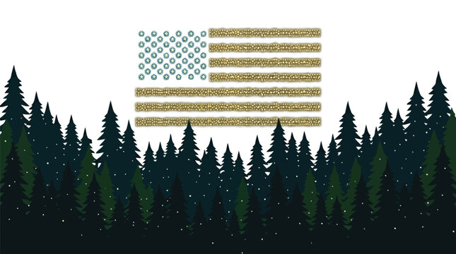 Textured American flag silhouette made of gold glitter over deep forest pine tree landscape