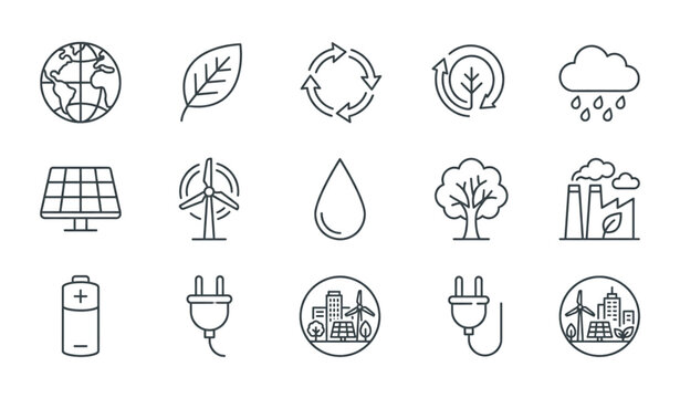 Ecology and Environment Line Icon Collection with Sustainability and Nature Symbols